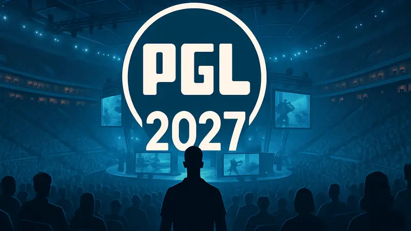 Логотип PGL на фоне киберспортивной арены в Бухаресте, анонс турнира 2027 года.