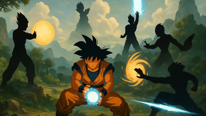 Гоку из Dragon Ball готовит атаку Камехамеха, а вокруг него другие персонажи с мощными техниками. (96 символов)