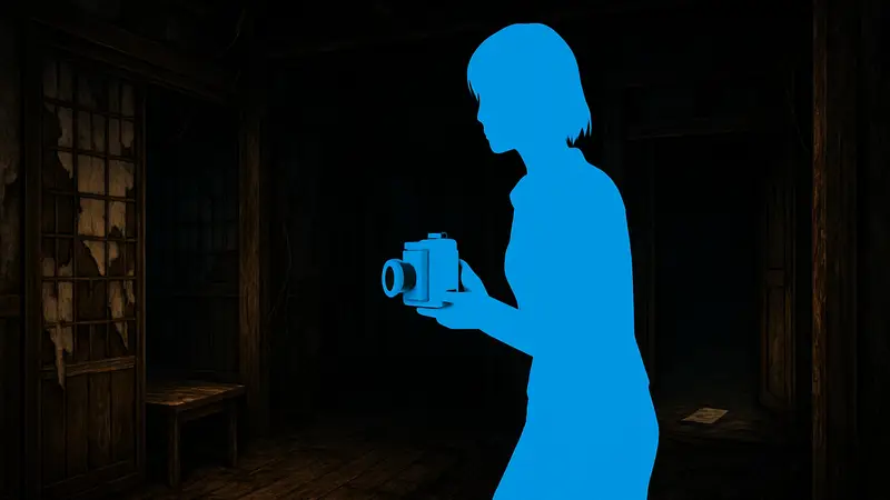 Главная героиня Fatal Frame 2 Remake с камерой, ищущая отчёты в мрачной локации.
