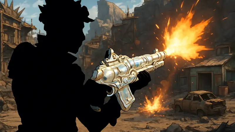 Игровой персонаж из Borderlands 4 держит в руках блестящее жемчужное оружие с эффектами огня и взрывов.