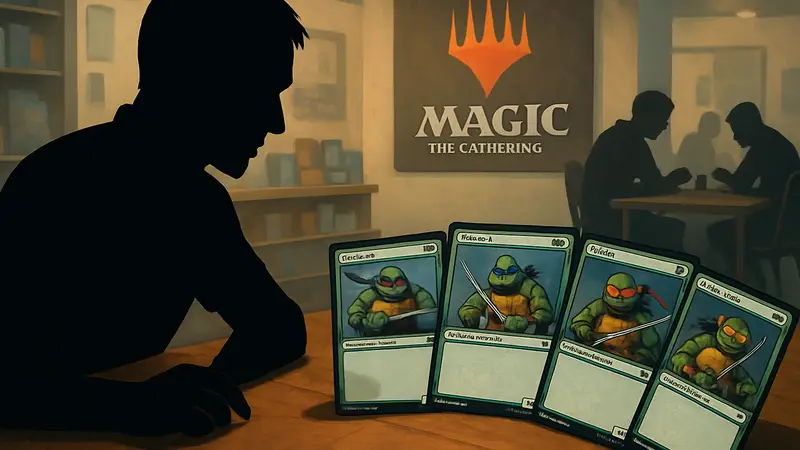 Промо-карты Magic: The Gathering из набора Teenage Mutant Ninja Turtles, разложенные на столе.