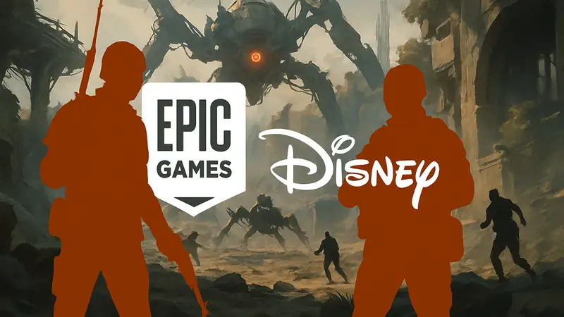 Логотипы Epic Games и Disney на фоне кадров из шутера, похожего на Arc Raiders.