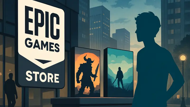 Логотип Epic Games Store и две коробки с играми, символизирующие бесплатную раздачу в феврале 2026 года
