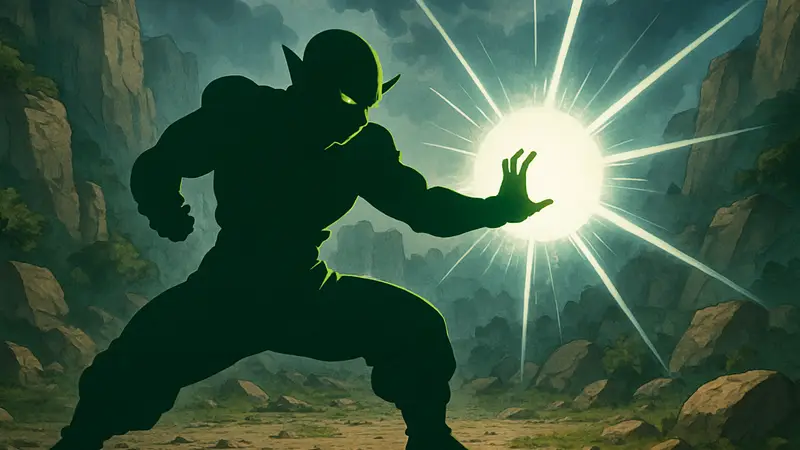 Изображение Пикколо из Dragon Ball, готовящегося использовать мощную энергетическую технику.