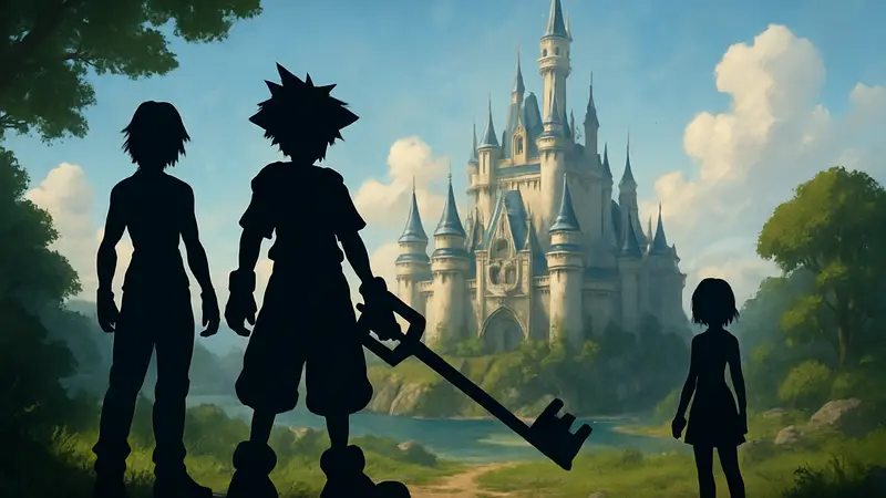 Ключевые персонажи Kingdom Hearts - Сора, Кайри и Рику - в фэнтезийном мире, на фоне замка