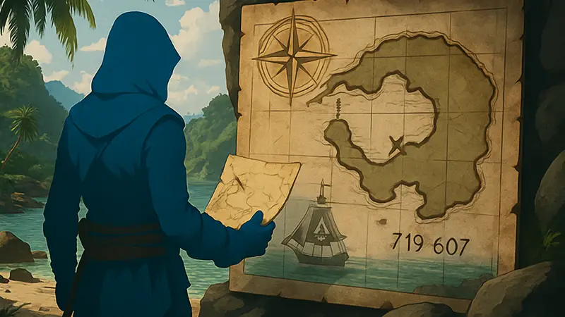 Карта сокровищ Соляной лагуны в Assassin's Creed Black Flag Resynced с координатами 719, 607