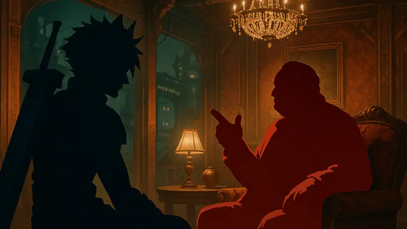 Главный герой Клауд и Дон Корнео в Final Fantasy 7 Remake во время допроса в главе 9.