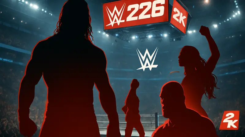 Обложка игры WWE 2K26 с известными рестлерами и логотипом 2K.