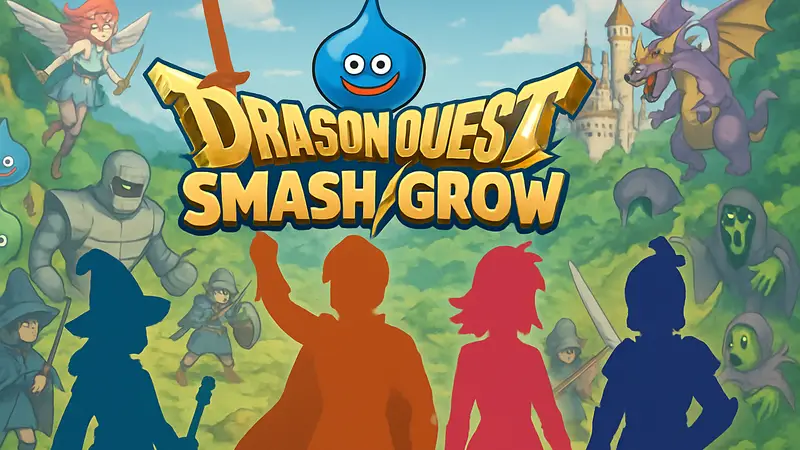 Логотип Dragon Quest Smash/Grow на фоне персонажей из игры, стилизованных под аниме.