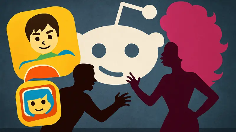 Логотипы Tomodachi Life и RuPaul's Drag Race на фоне логотипа Reddit, символизирующие конфликт.