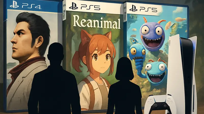 Коллаж из обложек игр Yakuza Kiwami 3, Reanimal и High on Life 2, выходящих на PS5 и PS4.