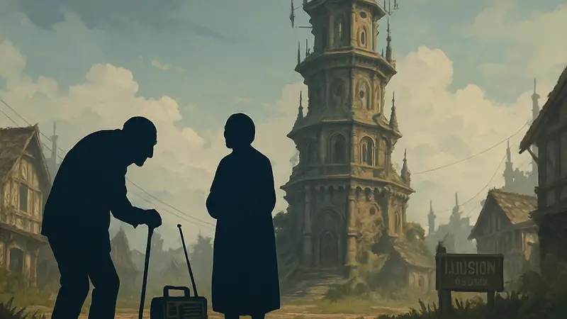 Секретный маркер Lost Tales в Neverness to Everness, показывающий стариков и радио у башни.