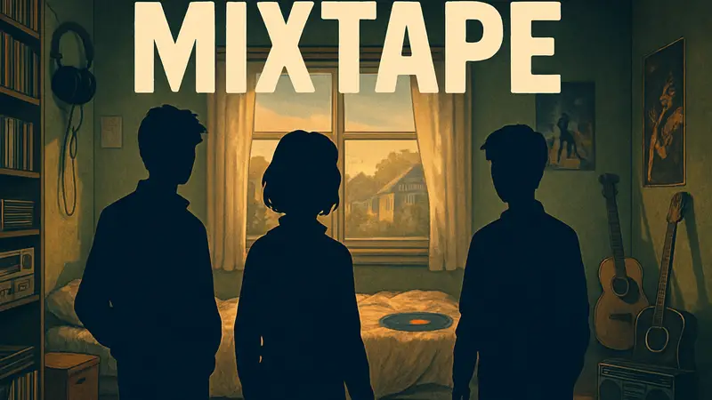 Обложка игры Mixtape с молодыми людьми и музыкальными элементами