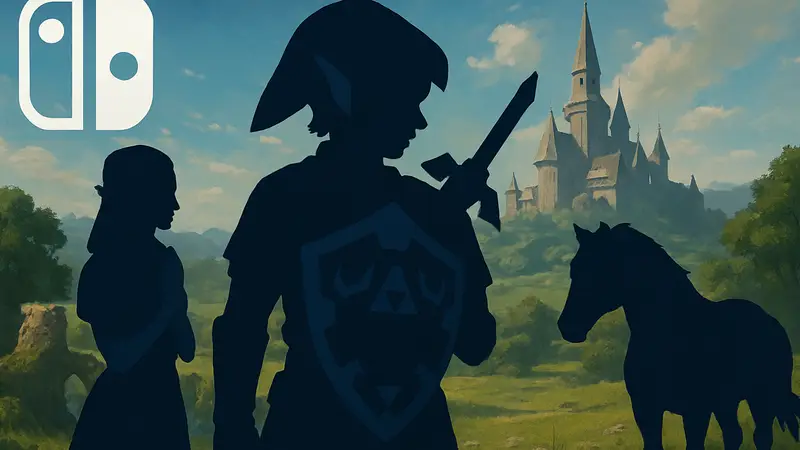 Логотип Nintendo Switch и персонажи из игры The Legend of Zelda: Ocarina of Time.