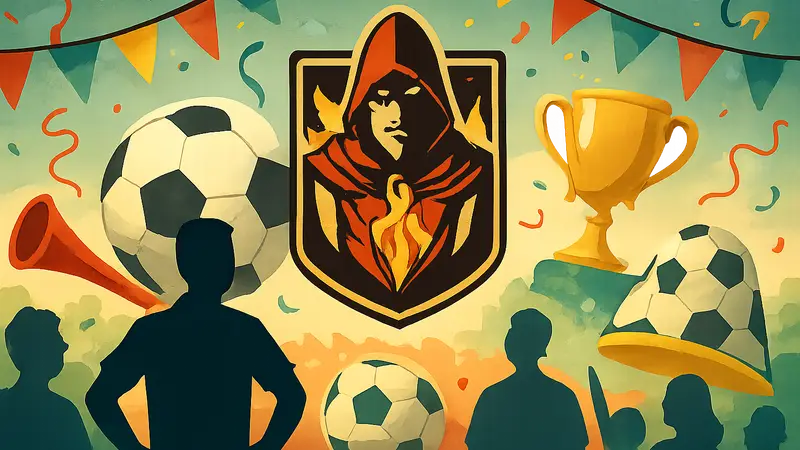 Логотип Larian Studios на фоне праздничных футбольных атрибутов, World Cup