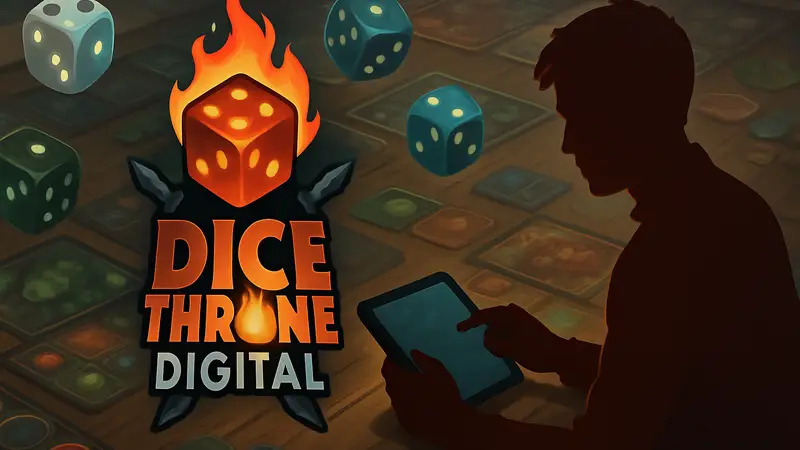 Логотип Dice Throne Digital на фоне кубиков и игровых элементов