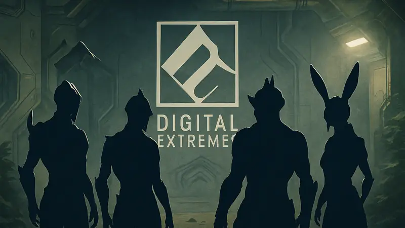 Персонажи Warframe на фоне логотипа Digital Extremes, символизирующие поддержку игры