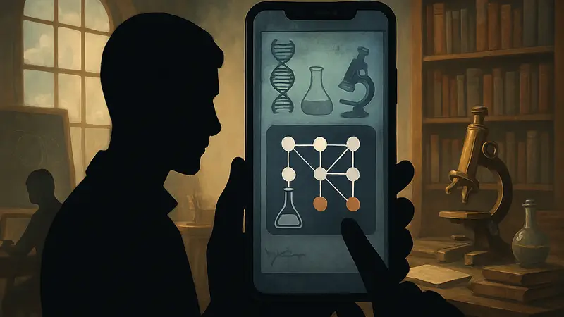 Скриншот геймплея Vanished: Puzzle Quest, демонстрирующий научные головоломки на экране мобильного телефона.