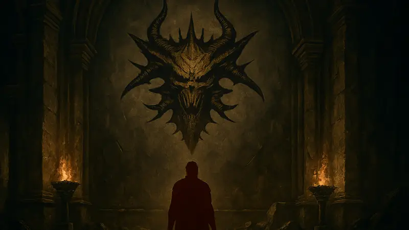 Символ дополнения Lord of Hatred для Diablo 4 с изображением Мефисто, предвещающий новую угрозу.