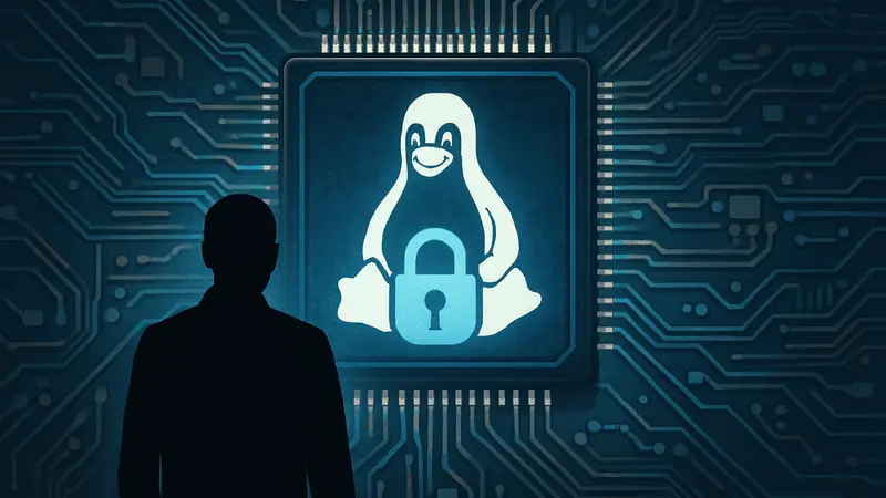 Логотип Linux на фоне микросхемы, символизирующий безопасность ядра и новую функцию.