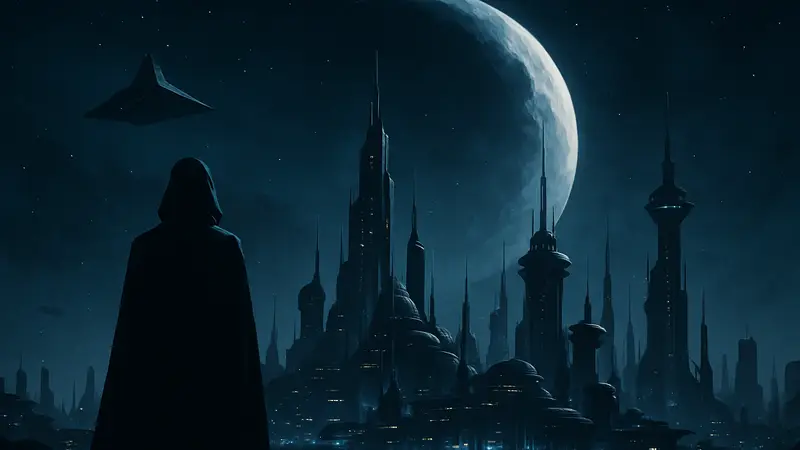 Логотип Star Wars Eclipse на тёмном фоне космоса, с изображением футуристического города.