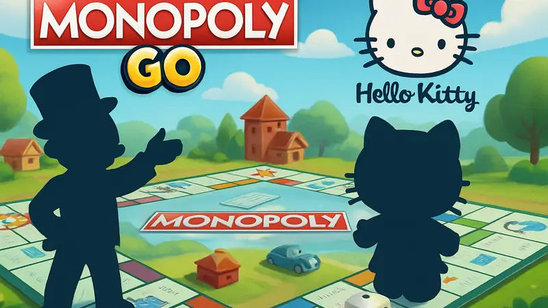 Игровое поле Monopoly GO с персонажами Hello Kitty, логотипы Monopoly GO и Hello Kitty.