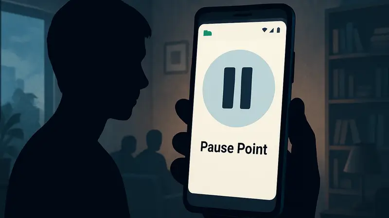 Экран смартфона Android с уведомлением Pause Point, символизирующим паузу.