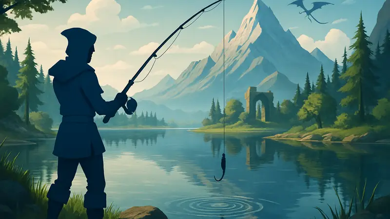 Игровой персонаж ловит рыбу в RuneScape: Dragonwilds на фоне живописного водоема.