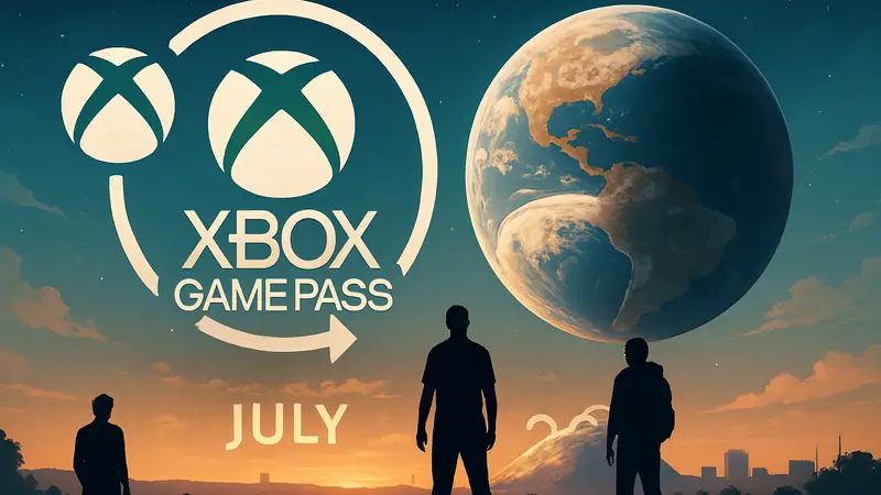 Логотип Xbox Game Pass с изображением планеты, анонсирующий два новых Day One релиза в июле 2026.