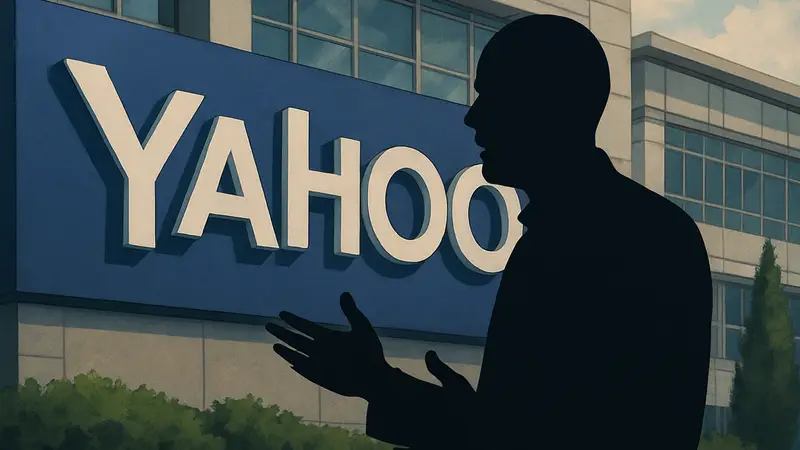 Джим Ланцоне, CEO Yahoo, на фоне логотипа компании, обсуждающий будущее интернета.
