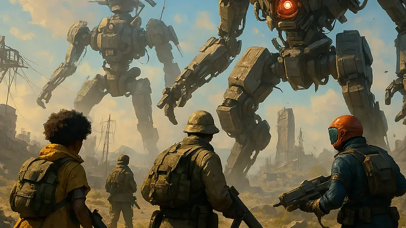 Скриншот Arc Raiders с изображением игровых персонажей и роботов на фоне постапокалиптического пейзажа.
