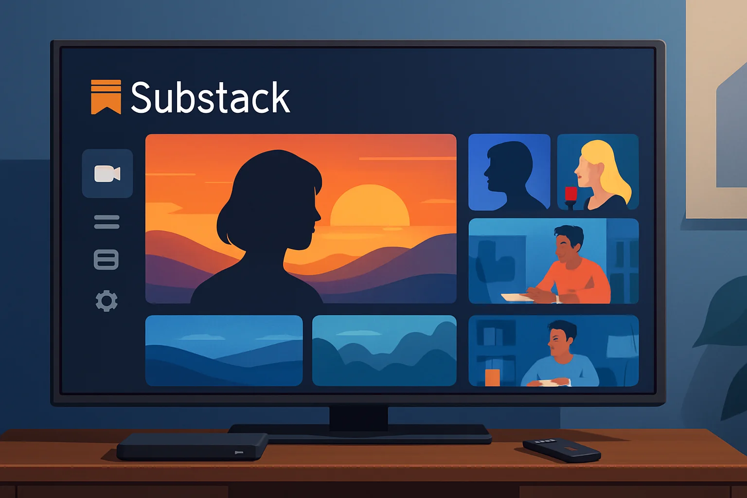 Интерфейс приложения Substack на экране телевизора, демонстрирующий видеоконтент и цифровые сервисы.