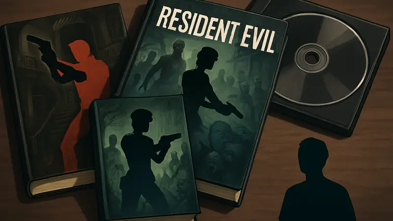Обложки книг по вселенной Resident Evil, лежащие рядом с игровым диском.