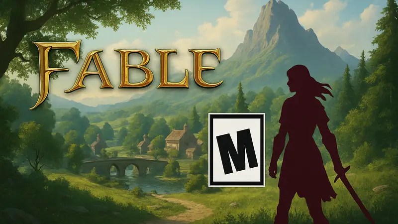 Логотип игры Fable на фоне фэнтезийного пейзажа, с возрастным рейтингом, символизирующим зрелое содержание.