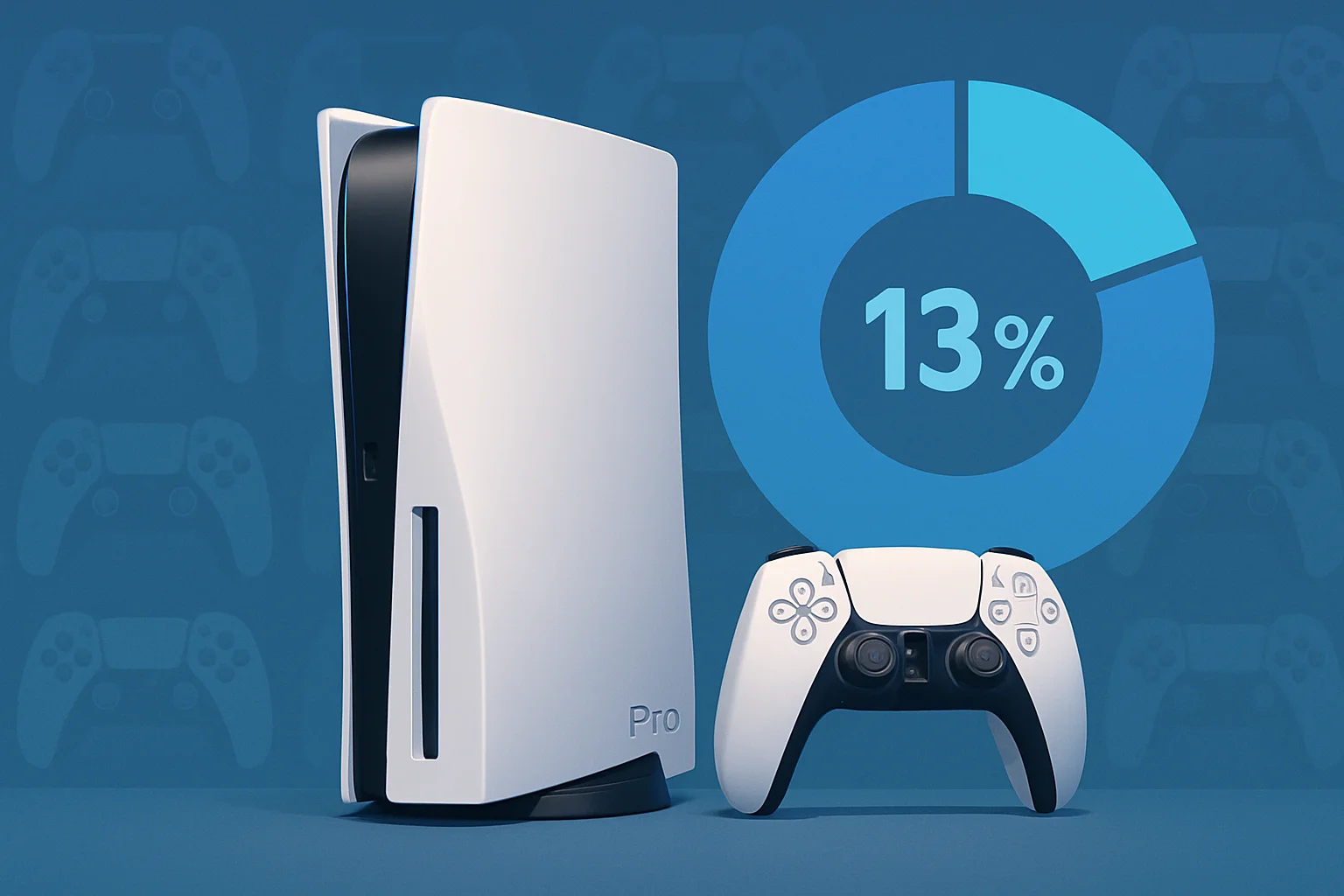 Изображение консоли PlayStation 5 Pro, статистика продаж на фоне геймпадов