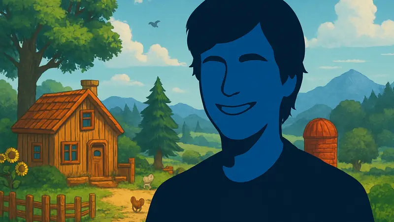 Портрет Эрика Барона (ConcernedApe), создателя игры Stardew Valley, улыбающегося.