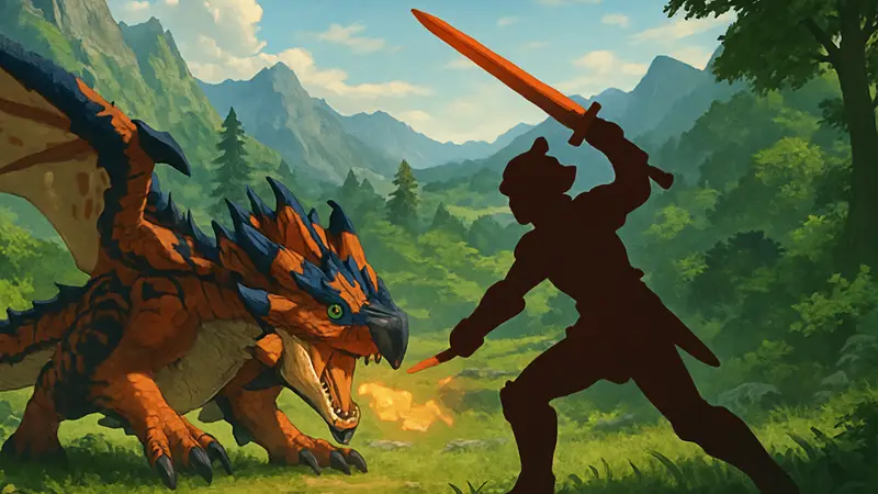 Изображение из Monster Hunter Stories 3 с ездовым монстром и главным героем в бою