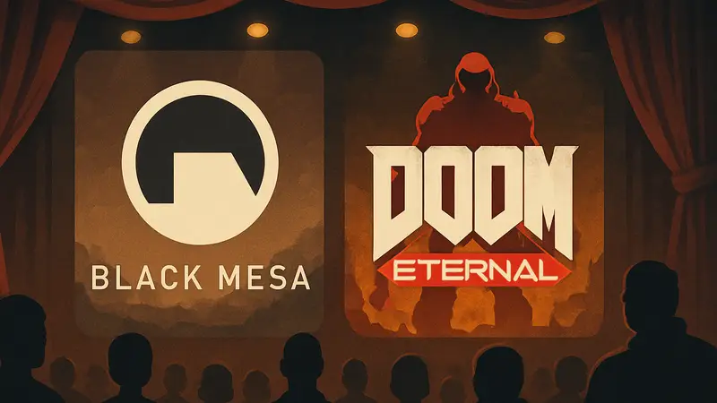 Изображение логотипов Black Mesa и Doom Eternal на фоне оформления Humble Bundle, символизирующее выгодный набор игр.