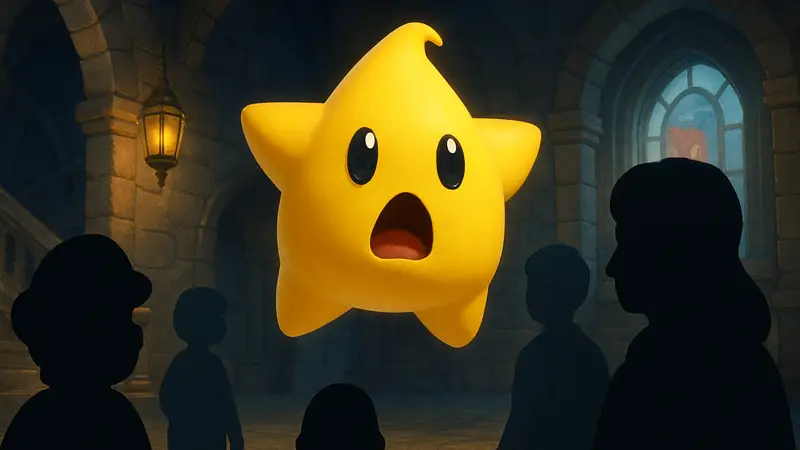 Анимированная звёздочка Люма из фильма "Братья Супер Марио в кино" с удивлённым выражением.