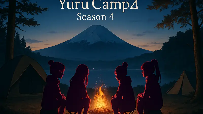 Тизер-постер аниме Yuru Camp△ Season 4 с главными героинями у костра