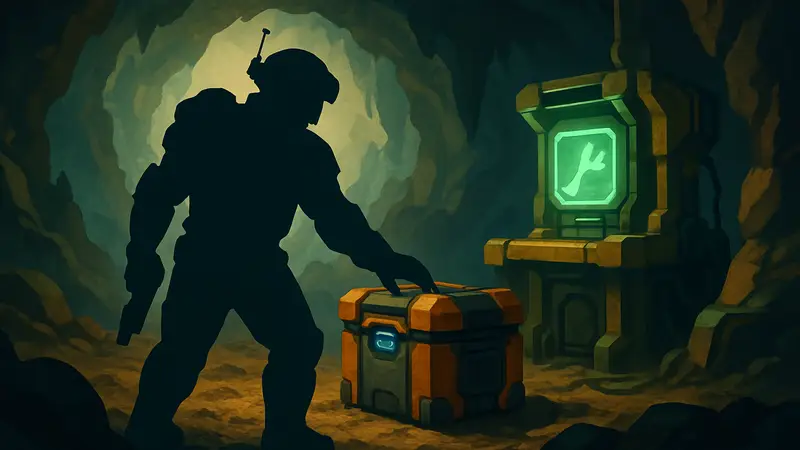 Игрок находит ящик инструментов в пещере Deep Rock Galactic: Rogue Core, рядом с верстаком.