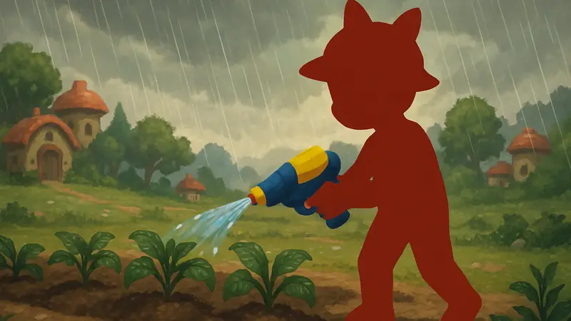 Игровой персонаж Pokopia поливает грядки, на заднем плане идёт дождь
