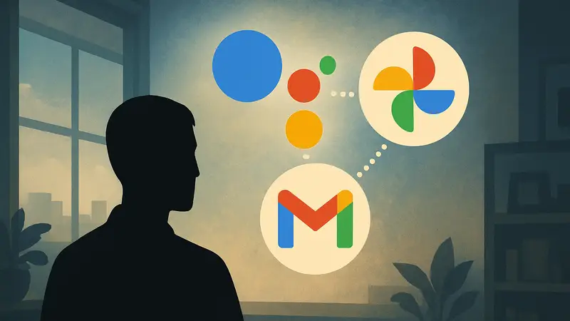 Логотип Google Assistant и символы Gmail и Google Photos, обозначающие интеграцию Personal Intelligence.