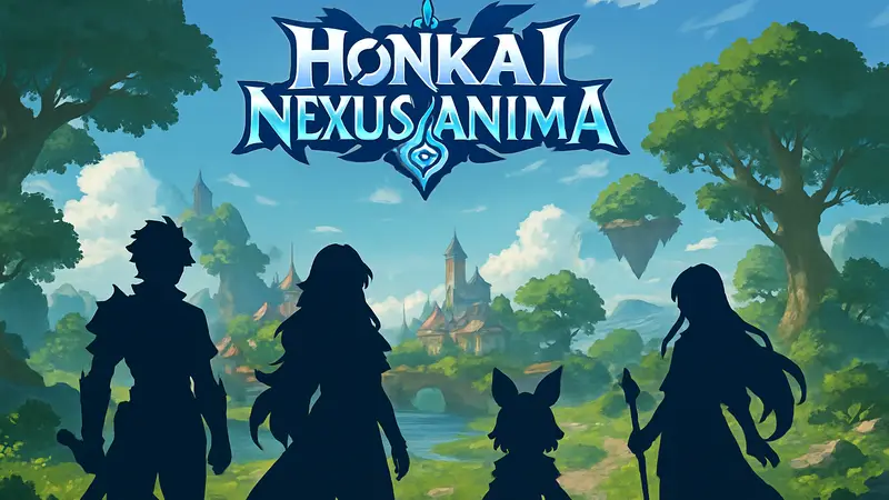 Логотип Honkai Nexus Anima на фоне игрового мира с персонажами HoYoverse.