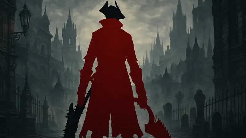 Персонаж из Bloodborne в готической одежде стоит в мрачном городе Ярнам.