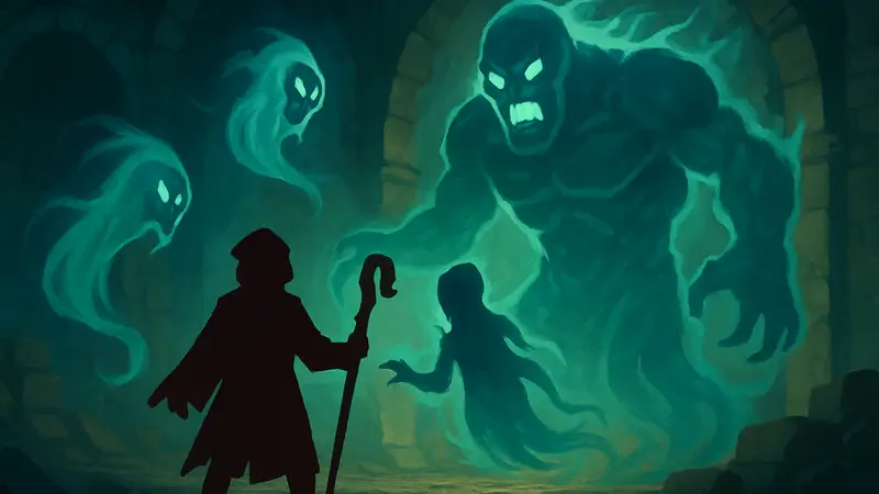 Изображение персонажа Некробиндер из игры Slay the Spire 2, окруженного призрачными созданиями.