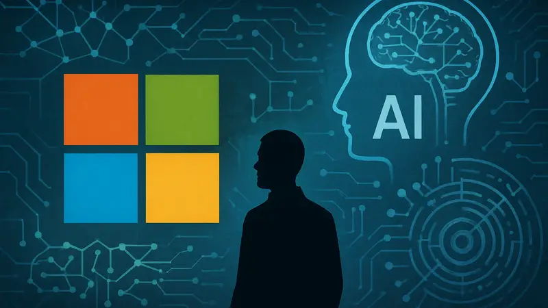 Логотип Microsoft на фоне элементов, символизирующих искусственный интеллект и машинное обучение.
