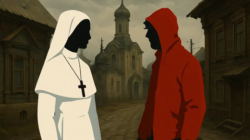 Косплей по игре INDIKA: монахиня Индика (Александра Байкал) и преступник Илья (Саня Мурыгина) в декорациях старой России.