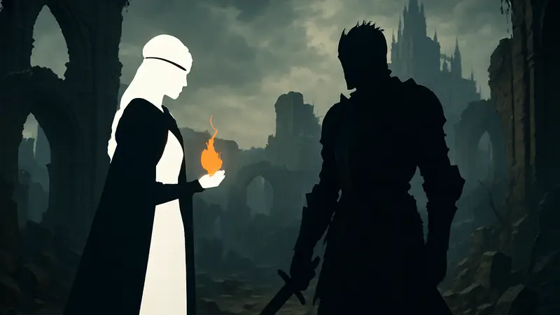 Косплей по Dark Souls III: Хранительница огня и Негорящий на фоне мрачных руин