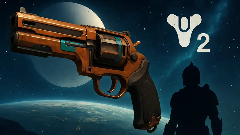 Экзотический револьвер Turncoat из Destiny 2 на фоне космического пейзажа и логотипа игры.